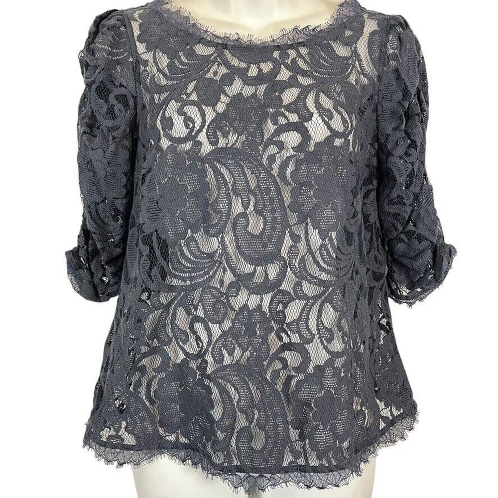 Sundance Womens Gray Lace Sheer Puff Sleeve Blouse Top Whimsigoth Fairy sz S